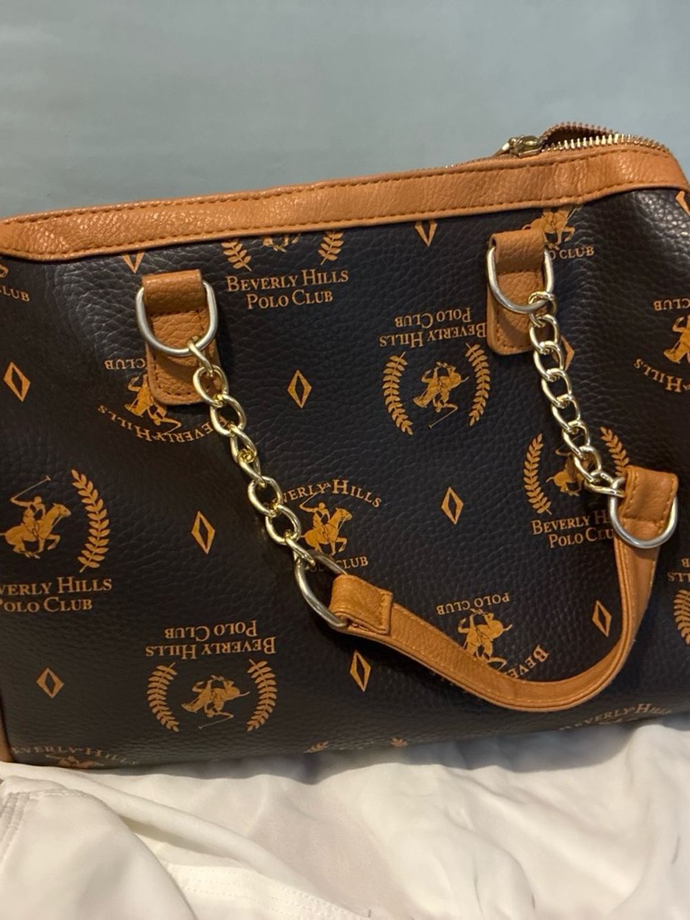 Beverly Hills Polo Club Dark Brown Tote with Tan Accents & Chain Handles